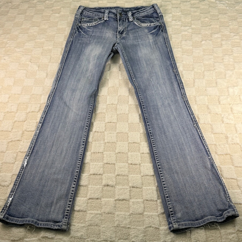 Cowgirl Tuff Co Women Blue Sequin Trim Bootcut Jeans Medium Wash Western 29x31.5